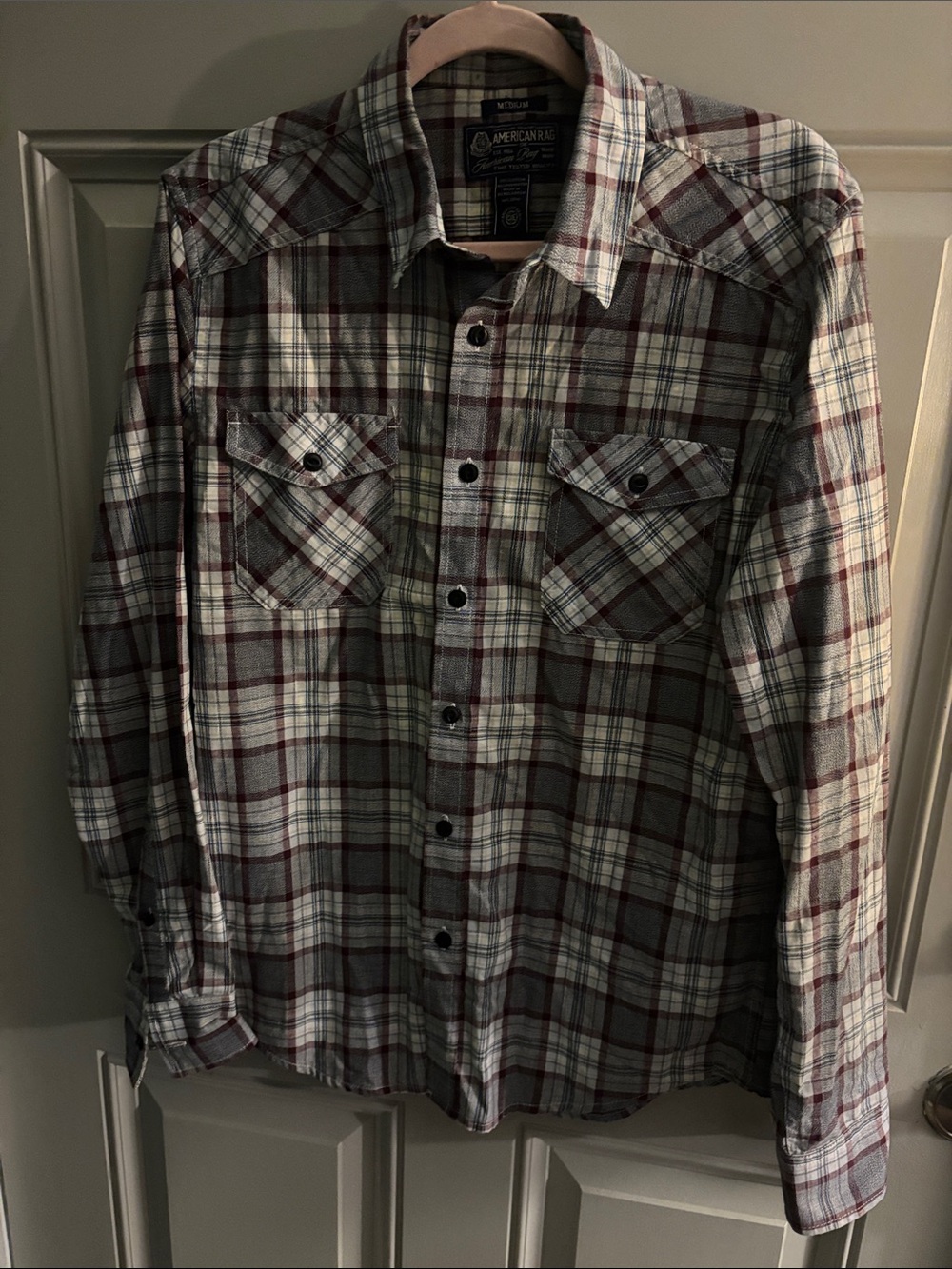 American Rag Plaid Button-Down Shirt — White & Burgundy